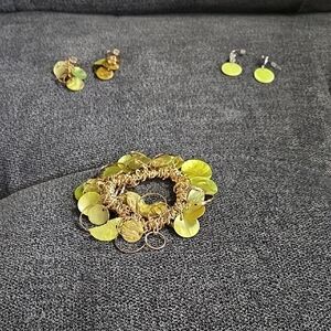 Coldwater Creek Gold and‎ Green Jewelry Set- Bracelet & 2 Sets of Earrings